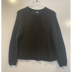 Margaret O'Leary Olive Green Cotton Cashmere Pointelle Knit Crewneck Sweater M